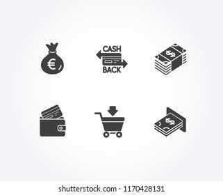 Set of Money bag, Usd currency and Cashback card icons. Online market, Debit card and Atm money signs. Euro currency, Buying commerce, Shopping cart.  Quality design elements. Classic style. Vector
