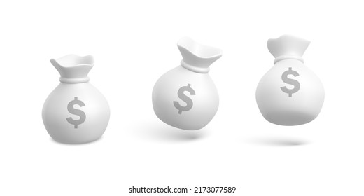 Set of money bags in 3d realistic style. Business and finance. Sack with dollar sign. Vector illustration