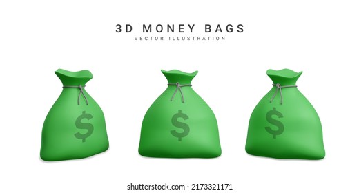 Set of money bags in 3d realistic style. Business and finance. Sack with dollar sign. Vector illustration