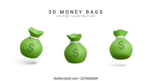 Set of money bags in 3d realistic style. Business and finance. Sack with dollar sign. Vector illustration