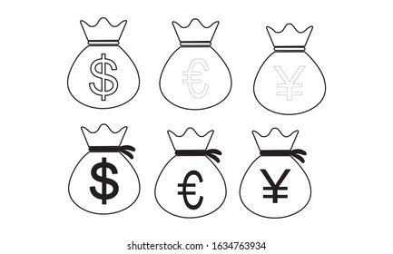 Set of Money Bags with currency symbols money bag icons