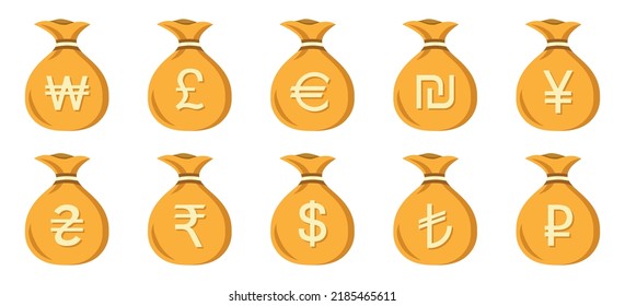 Set Of Money Bags Different Currency In A Flat Design