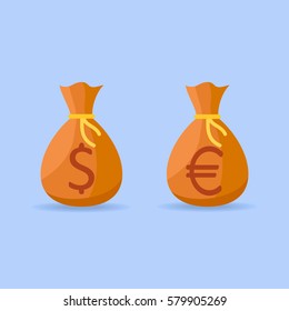 Set of money bags with dollar and euro sign isolated on blue background. Flat style icons. Vector illustration.