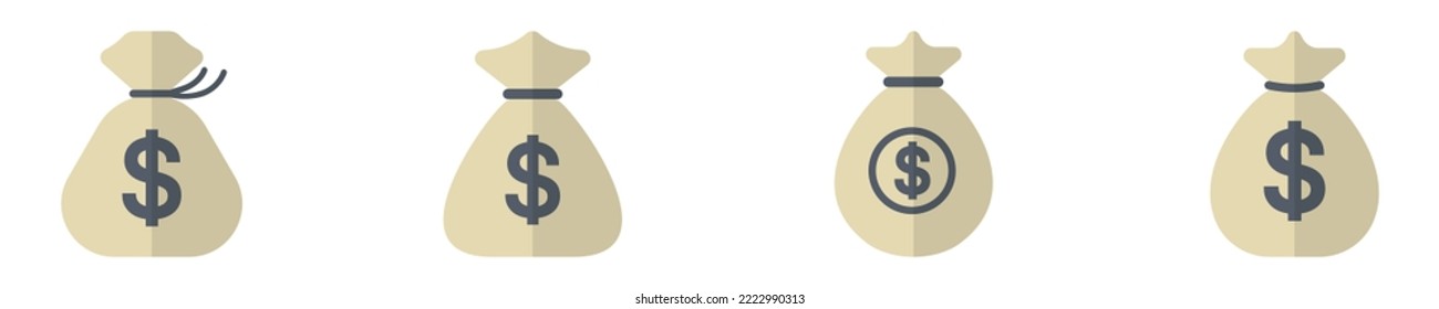 Set of money bags vector icons. Money sack with rope. Rich cartoon symbol.