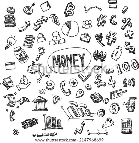 Set of money and banking doodles. Hand drawn doodle illustration collection. Separated, Outlined, Vector