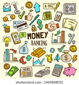 Set of money and banking related objects and elements collection. Hand drawn colorful vector doodle illustration.