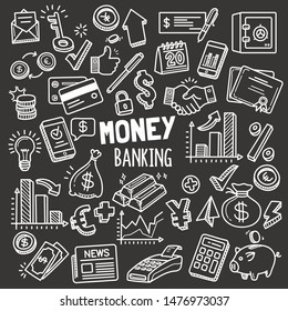 Set of money and banking related objects and elements. Hand drawn vector doodle illustration collection in Blackboard chalk style.