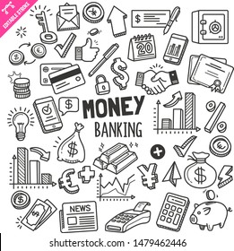 Set of money and banking related objects and elements. Hand drawn doodle illustration collection isolated on white background. Editable stroke/outline.