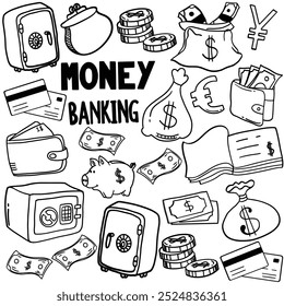 Conjunto de elementos e objetos relacionados ao banco e ao dinheiro. Coleção de ilustrações de rabiscar desenhada à mão isolada no fundo branco. Traçado ou contorno editável. Banca monetária