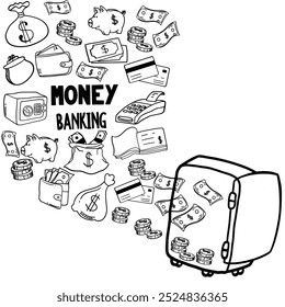 Conjunto de objetos y Elementos relacionados con el dinero y la banca. Colección dibujada a mano de la ilustración del doodle aislada en el fondo blanco. Trazo o contorno editable. Banca de dinero