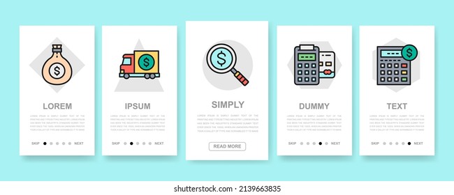 Set of Money and Banking vertical banners. Credit Card, Currency Exchange, Atm, Terminal mobile app screens with color icons.