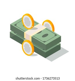 Set Of Money Banknotes And Coin. Isometric Design. Stack of cash symbol flat style isometric illustration. Gold coins with dollar sign. Vector Illustration