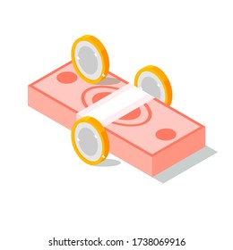 Set Of Money Banknotes And Coin. Isometric Design. Stack of cash symbol flat style isometric illustration. Gold coins with dollar sign. Vector Illustration