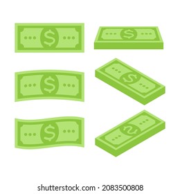 Set of money banknotes in a flat and cartoon style in different rotated positions. Vector image for web design on a white background.