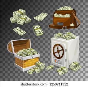 Set of money banknotes for games, posters, banners etc. Game money on transparent background. Chest, bag and safe full of bacnknotes