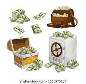 Set of money banknotes for games, posters, banners etc. Game money. Chest, bag and safe full of bacnknotes