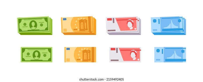 Set of Money Banknotes Top View. Isolated Dollar, Euro, Pound Sterling and Ruble Currency Bills Piles and Stacks. Win, Savings, Investment on White Background. Cartoon Vector Illustration, Icons