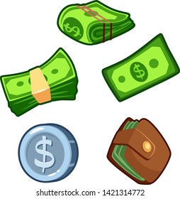 Set of money carton vector isolated icons, bundle, wallet, coin, banknote