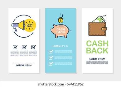 Conjunto de dinheiro dinheiro de volta panfletos para negócios, promoção e publicidade. Ilustração vetorial de design plano.