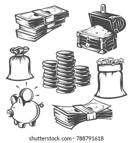 Set of money, cash. Black and white vector objects.