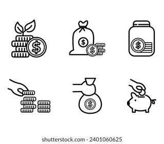 set of money coin and piggybank icon or money saving concept