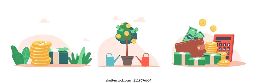 Set of Money Coins, Green Dollar Banknotes Piles and Stack, Savings, Money Tree, Pension. Gold Coins and Rich. Bank Investment, Earnings Treasure or Jackpot Capital. Cartoon Vector Illustration