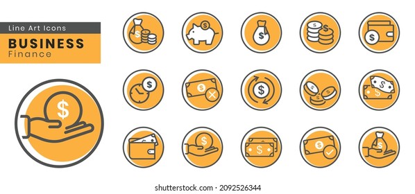 Set of money or currency vector icons isolated with orange background, such as, moneybags, wallet ,etc