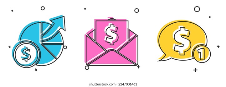 Set Money und Diagramm, Umschlag mit Münzgeld-Dollar und Speech-Blase mit Dollar-Symbol. Vektorgrafik