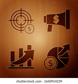 Set Money y el gráfico de diagramas, Target con el símbolo del dólar, El crecimiento financiero y la moneda y Megáfono y dólar con fondo de madera. Vector