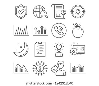 Set of Money diagram, Report and Investment graph icons. Upper arrows, Line graph and Education signs. Internet search, Idea and Interview symbols. Vector