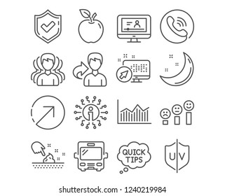 Set of Money diagram, Skin moisture and Uv protection icons. Online video, Direction and Customer satisfaction signs. Quick tips, Group and Bus symbols. Currency diagram, Wet cream, Ultraviolet