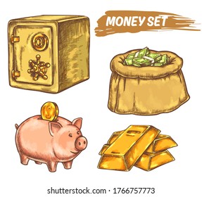 Set of money elements or symbols in line design