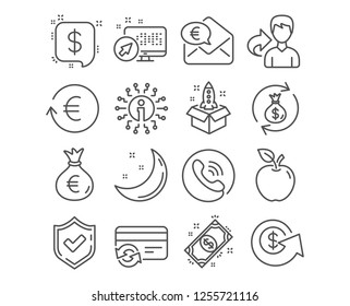 Set of Money exchange, Money bag and Dollar exchange icons. Payment message, Change card and Startup signs. Payment symbol. Cash in bag, Euro currency, Finance. Receive cash, Innovation. Vector