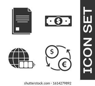 Set Money exchange, File document, Battery charge level indicator with earth globe and Stacks paper money cash icon. Vector
