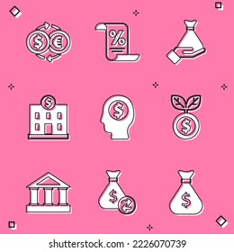 Set Money exchange, Finance document, hand, Bank building, Business man planning mind, Dollar plant, and bag icon. Vector