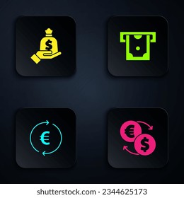 Set Money exchange, Hand holding money bag, Coin with euro symbol and ATM. Black square button. Vector