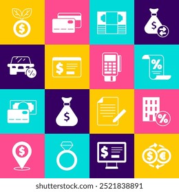 Set Money exchange, House with percant discount, Finance document, Stacks paper money cash, Online banking dollar, Car leasing percent, Dollar plant and POS terminal credit card icon. Vector