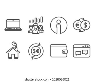 Set of Money exchange, Notebook and Teamwork results icons. Money currency, Browser window signs. Eur to usd, Laptop computer, Group work. Cash change, Payment method, Website chat. Vector