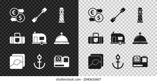 Set Money exchange, Paddle, Lighthouse, Photo, Anchor, Action extreme camera, Suitcase and Rv Camping trailer icon. Vector