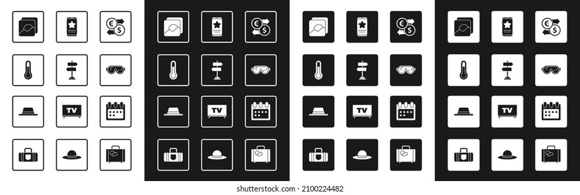 Set Money exchange, Road traffic sign, Meteorology thermometer, Photo, Ski goggles, Mobile with review rating, Calendar and Man hat ribbon icon. Vector