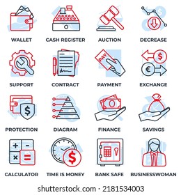 Set of money finance icon logo vector illustration. finance pack symbol template for graphic and web design collection. wallet, cash register, auction, decrease and more