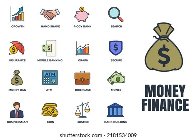 Set of money finance icon logo vector illustration. finance pack symbol template for graphic and web design collection. money, search, graph, businessman and more