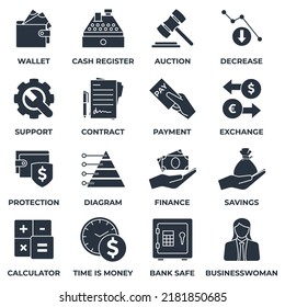 Set of money finance icon logo vector illustration. finance pack symbol template for graphic and web design collection. wallet, cash register, auction, decrease and more