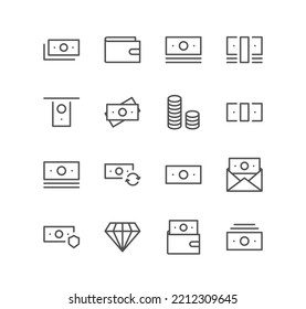 Set Of Money And Finance Icons, Pay, Paper Money, Cash, Growth, Market, Value, Earn And Linear Variety Vectors.
