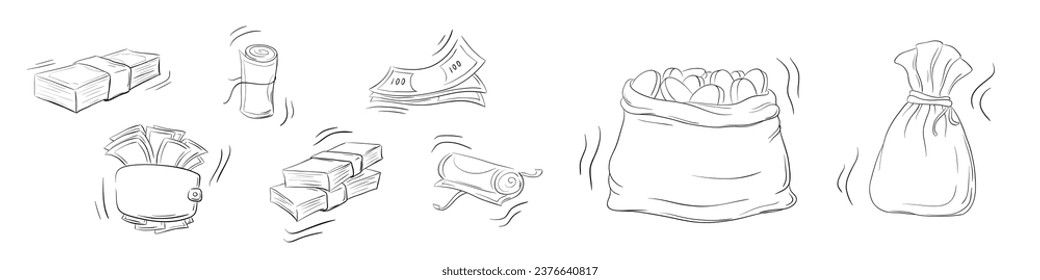 Set of money, finance. Paper money, coins, a bag of money, a wallet full of dollars, a bunch of green bills. Sketch, doodle, hand-drawn. Isolated on white.