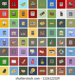 Set of money and financial flat icons. e-banking, initial public offering, investment portfolio, real estate investment and more icons