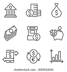 Set of money or financial thin icon vector in trendy flat style isolated on white background, designed business concept symbol collection with bank, coins, money bag, banknote, ATM, piggy bank etc.