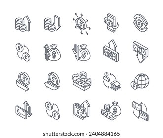 Set of Money flow Related Line Icons. Currency exchange, income growth, investing, payment for purchases, transaction and cash back. Outline simple vector collection isolated on white background