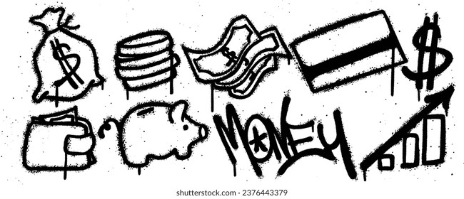 Set money graffiti spray paint. Collection of money bag, coin, money, card, dollar, wallet, piggy bank Isolated Vector