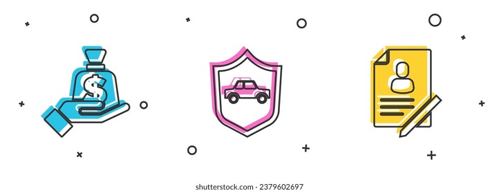 Set Money in hand, Car with shield and Document icon. Vector